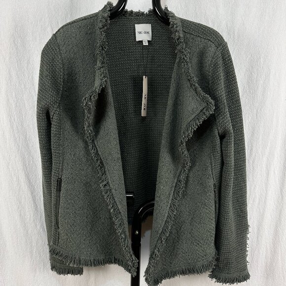 Nic and Zoe Womens XL Green Fringe Woven Jacket Open Front Zipper Pockets NWT - Picture 1 of 9